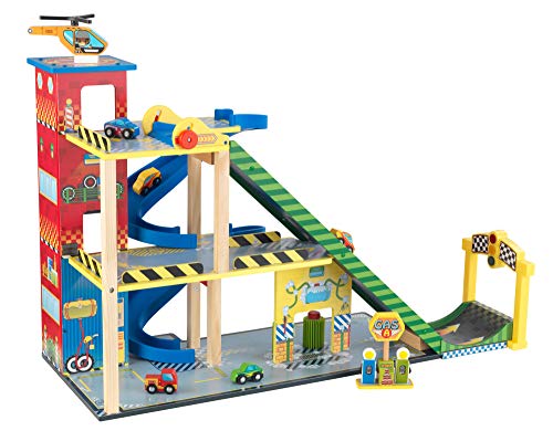 KidKraft- Set de pista de carreras de madera Mega Ramp con helicóptero, 5 coches y luces, compatible con Hot Wheels y coches de juguete (63267)