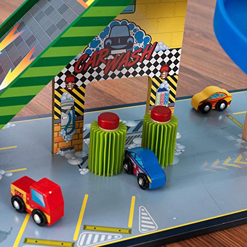 KidKraft- Set de pista de carreras de madera Mega Ramp con helicóptero, 5 coches y luces, compatible con Hot Wheels y coches de juguete (63267)