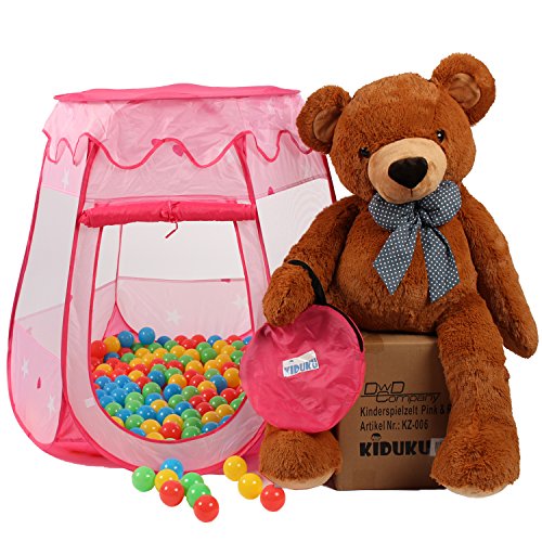 KIDUKU® Tienda de campaña Infantil + 100 Bolas + Bolsa casita de Tela para Jugar Piscina de Bolas Castillo para Interior y Exterior (Rosa)