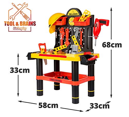 Kinderplay Banco Herramientas Juguete Y Casco Tool& Brains - Taller Mecanico Juguete, Juego de Imitación Actividad Infantil Conjunto Banco de Trabajo, KP2646