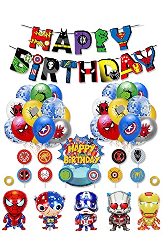 Kit de Decoracion Cumpleaños Superheroes Globos de Superhéroe Feliz Cumpleaños del Pancarta Superheroes Adornos de Pastel Superhéroe Marvel Cumpleaños Decoracion