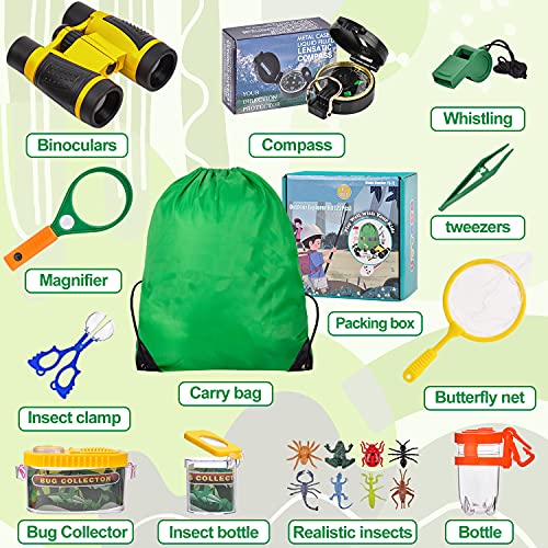 Kit de Exploración para Niños 22 en 1, Juego de Explorador para Niños para Niños Prismáticos/Binoculares, Silbato, Brújula, Lupa, 6 Arañas Plasticas, Regalo para Navidad, los Reyes