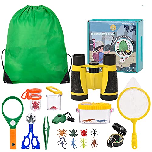 Kit de Exploración para Niños 22 en 1, Juego de Explorador para Niños para Niños Prismáticos/Binoculares, Silbato, Brújula, Lupa, 6 Arañas Plasticas, Regalo para Navidad, los Reyes