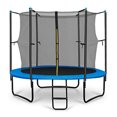 Klarfit Rocketboy - Cama elástica con Red de Seguridad, Superficie Base 250 cm diámetro, Carga máx. 150 kg, Sujeción 3 Patas Doble, Varillas de sujeción Acolchadas, Lona Resistente Rayos UV, Azúl