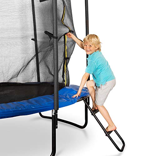 Klarfit Rocketboy - Cama elástica con Red de Seguridad, Superficie Base 250 cm diámetro, Carga máx. 150 kg, Sujeción 3 Patas Doble, Varillas de sujeción Acolchadas, Lona Resistente Rayos UV, Azúl