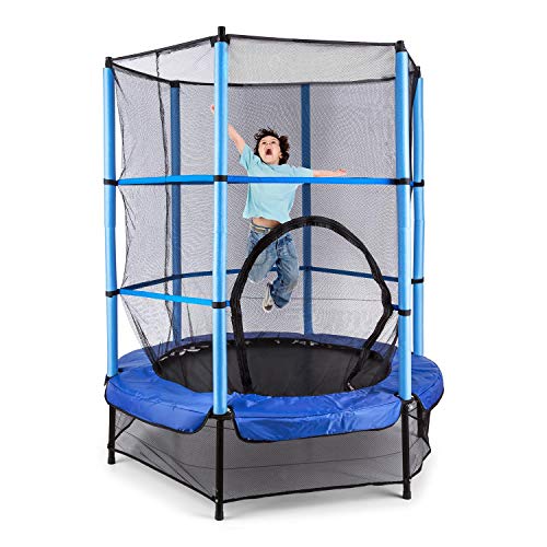 Klarfit Rocketkid - Cama elástica, Cama elástica niños a Partir de 3 años, Cama elástica Exterior con Carga máx. 50 kg, Red de Seguridad, Suspensión de Cuerda elástica, Borde Acolchado, Azul