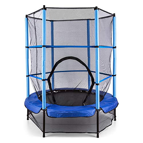 Klarfit Rocketkid - Cama elástica, Cama elástica niños a Partir de 3 años, Cama elástica Exterior con Carga máx. 50 kg, Red de Seguridad, Suspensión de Cuerda elástica, Borde Acolchado, Azul