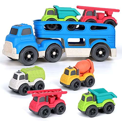 kramow Camion de Juguete para niños,Transportador de Coches con 4 vehículos de construcción de Juguetes,Educativos Juguetes Regalo 2 3 4 Años Niño Niña