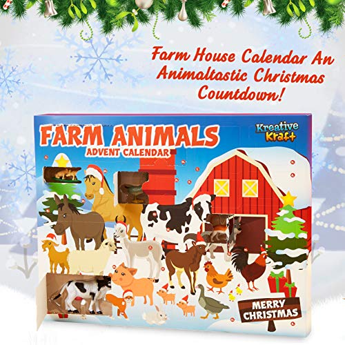 KreativeKraft Calendario Adviento Animales de Granja, Calendario de Adviento para Niños 2021 Incluye 24 Animales Juguetes, Advent Calendar Navidad