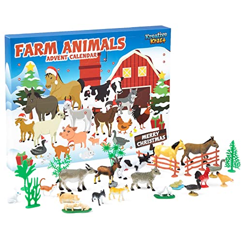 KreativeKraft Calendario Adviento Animales de Granja, Calendario de Adviento para Niños 2021 Incluye 24 Animales Juguetes, Advent Calendar Navidad