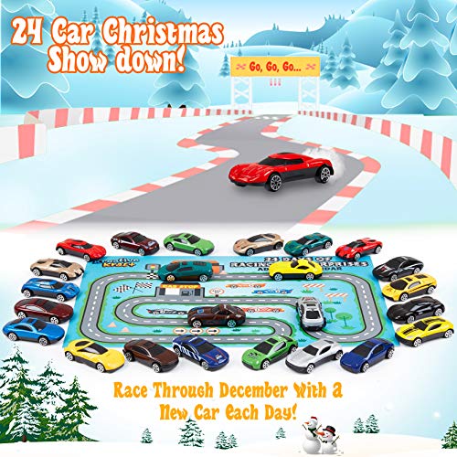 KreativeKraft Calendario Adviento Coches de Juguetes 2021, Calendario de Adviento con 24 Sorpresas y Circuito Coches Niños, Advent Calendar Navidad para Niños y Niñas