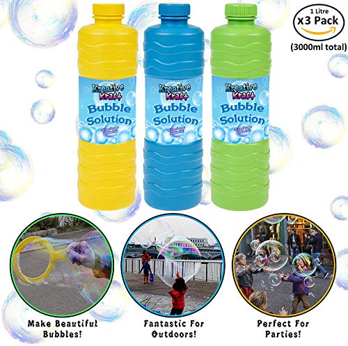 KreativeKraft Liquido Pompas de Jabon, Pack de 3 Botellas para Hacer Burbujas de Jabon Niños, Apto para Maquina Pompas Jabon o Pistolas de Burbujas, Regalos para Juegos al Aire Libre