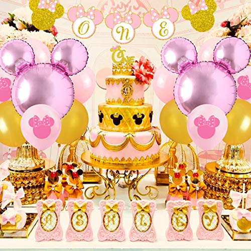 Kreatwow Minnie 1st Birthday Decorations Pink and Gold One Guirnalda Happy Birthday Banner Gold Glitter Cake Topper para Primeros Suministros de Fiesta de cumpleaños para niña