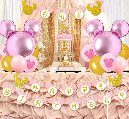 Kreatwow Minnie 1st Birthday Decorations Pink and Gold One Guirnalda Happy Birthday Banner Gold Glitter Cake Topper para Primeros Suministros de Fiesta de cumpleaños para niña