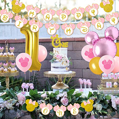 Kreatwow Minnie 1st Birthday Decorations Pink and Gold One Guirnalda Happy Birthday Banner Gold Glitter Cake Topper para Primeros Suministros de Fiesta de cumpleaños para niña