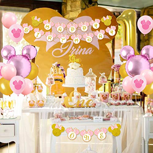 Kreatwow Minnie 1st Birthday Decorations Pink and Gold One Guirnalda Happy Birthday Banner Gold Glitter Cake Topper para Primeros Suministros de Fiesta de cumpleaños para niña