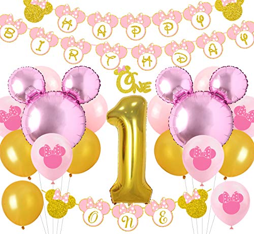 Kreatwow Minnie 1st Birthday Decorations Pink and Gold One Guirnalda Happy Birthday Banner Gold Glitter Cake Topper para Primeros Suministros de Fiesta de cumpleaños para niña