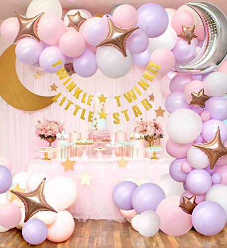 Kreatwow Twinkle Baby Shower, Decoraciones de cumpleaños para niña - Guirnalda de Globos de Luna y Estrella Blanca y Rosa, Pancarta Dorada Twinkle Little Star