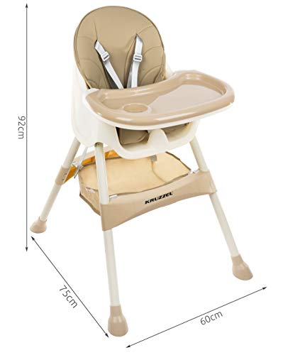 KRUZZEL Trona para bebé, ajustable, plegable, con cinturón de 5 puntos, 12060, color: beige