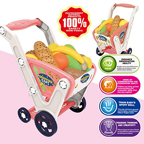 LADUO Coche Grande de Compras para niños Juguete,33 Piezas Juego de Compras, Cocina, Juego de Roles de Comida (58 x 48 x 33cm) para niños / niñas de 2,3,4,5,6 años