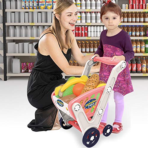 LADUO Coche Grande de Compras para niños Juguete,33 Piezas Juego de Compras, Cocina, Juego de Roles de Comida (58 x 48 x 33cm) para niños / niñas de 2,3,4,5,6 años