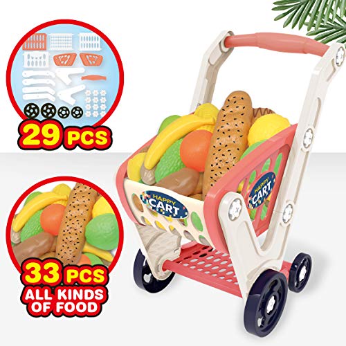 LADUO Coche Grande de Compras para niños Juguete,33 Piezas Juego de Compras, Cocina, Juego de Roles de Comida (58 x 48 x 33cm) para niños / niñas de 2,3,4,5,6 años