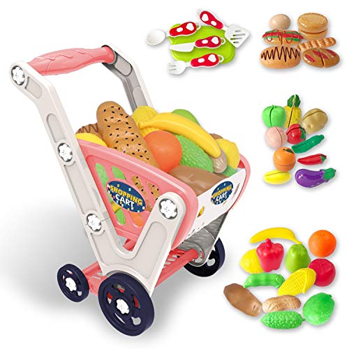 LADUO Coche Grande de Compras para niños Juguete,33 Piezas Juego de Compras, Cocina, Juego de Roles de Comida (58 x 48 x 33cm) para niños / niñas de 2,3,4,5,6 años