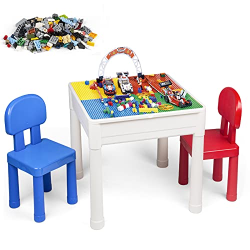 LADUO Juegos de Mesa y sillas niños, 100 Piezas Mini de Bloques de construcción de Juguete, Mesa de Juego/Mesa de Aprendizaje 5 en 1 Incluye 2 sillas y Mesa de Bloques de construcción