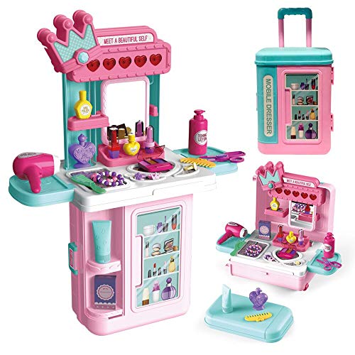 LADUO Juguete de Mesa de Maquillaje para niñas ,3en1 con Luces, Sonido, Espejo, Juguetes de simulación para niñas, Accesorios de Maquillaje para niñas de 3 a 6 años