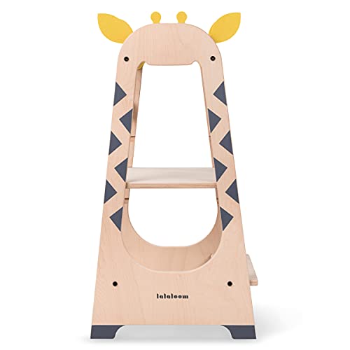 Lalaloom GIRAFFE TOWER - Torre de aprendizaje Montessori para niños y bebés, de madera natural, con altura ajustable y barra de seguridad, torre de actividades educativas a partir de 18 meses