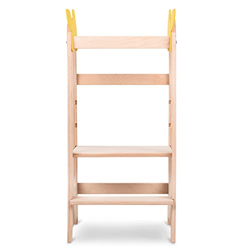 Lalaloom GIRAFFE TOWER - Torre de aprendizaje Montessori para niños y bebés, de madera natural, con altura ajustable y barra de seguridad, torre de actividades educativas a partir de 18 meses