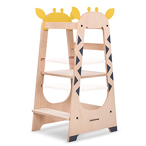 Lalaloom GIRAFFE TOWER - Torre de aprendizaje Montessori para niños y bebés, de madera natural, con altura ajustable y barra de seguridad, torre de actividades educativas a partir de 18 meses