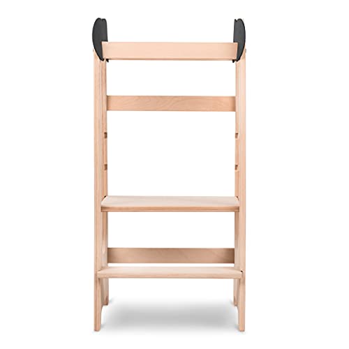 Lalaloom PANDA TOWER - Torre de aprendizaje Montessori para niños y bebés, de madera natural, con altura ajustable y barra de seguridad, torre de actividades educativas a partir de 18 meses