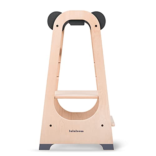 Lalaloom PANDA TOWER - Torre de aprendizaje Montessori para niños y bebés, de madera natural, con altura ajustable y barra de seguridad, torre de actividades educativas a partir de 18 meses