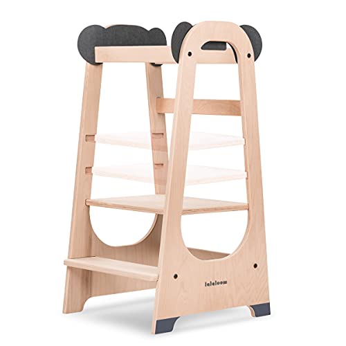 Lalaloom PANDA TOWER - Torre de aprendizaje Montessori para niños y bebés, de madera natural, con altura ajustable y barra de seguridad, torre de actividades educativas a partir de 18 meses