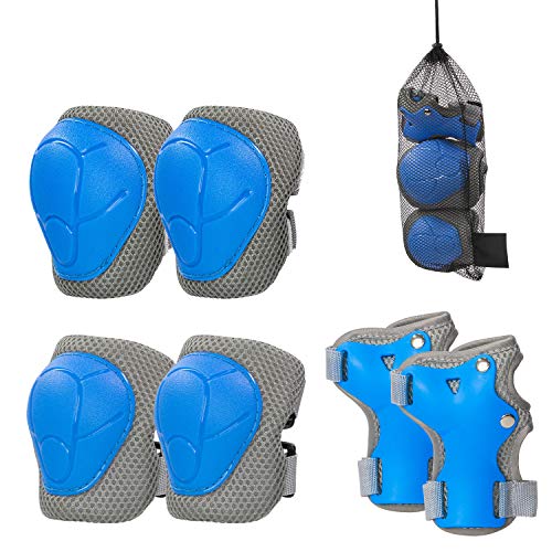 LANOVAGEAR Protecciones Set para Niños 2-8 Años Ajustables Rodilleras, Coderas y Muñequeras para Bicicletas, Patinetas, Scooters, Patinaje, Escalada en Roca (Azul, S)