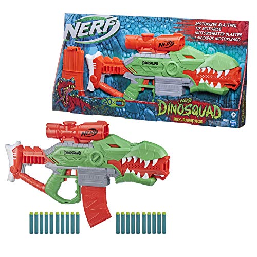 Lanzador de Dardos motorizado Nerf DinoSquad Rex-Rampage, Clip de 10 Dardos, 20 Dardos Nerf, Porta-Dardos de 10 Dardos, diseño de dinosario T-Rex