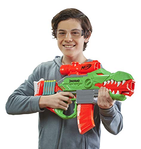 Lanzador de Dardos motorizado Nerf DinoSquad Rex-Rampage, Clip de 10 Dardos, 20 Dardos Nerf, Porta-Dardos de 10 Dardos, diseño de dinosario T-Rex