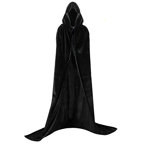 Larga Capa de Vampiro Diablo de Terciopelo con Capucha para Disfraz de Fiesta Halloween y Carnaval,Talla Unica,para Adulto Mujeres Hombres (Negra)