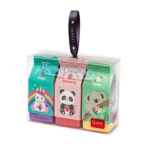 Legami - Yummy Yummy - Juego de 3 gomas perfumadas (2,7 x 6 cm, aroma de uva, fresa, vainilla)