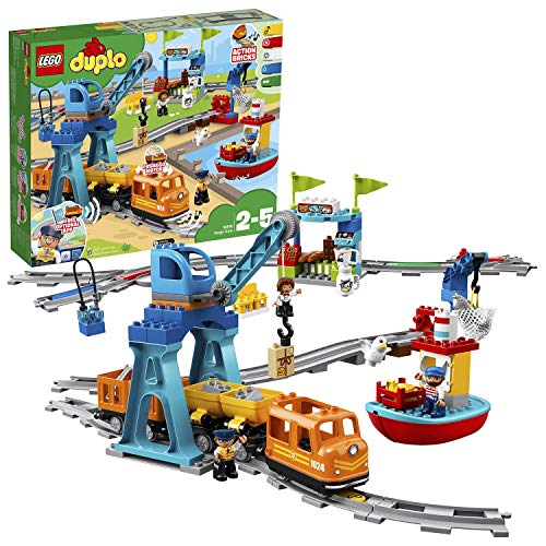 LEGO 10875 Duplo Town Tren de mercancías, Juguete de Construcción para Niños y Niñas 2 años con Grúas, Barco, 3 Figuras