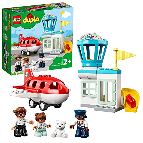 LEGO 10961 Duplo Town Avión y Aeropuerto, Juguete de Construcción para Niños y Bebés +2 Años y Más con Mini Figuras