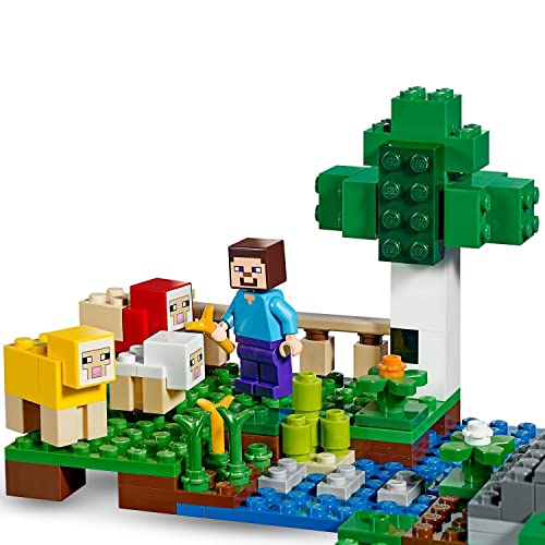 LEGO 21153 Minecraft la Granja de Lana 21153, Kit de construcción con minifigura de Steve y Figuras de una Oveja roja, una Oveja Amarilla y un bebé Oveja