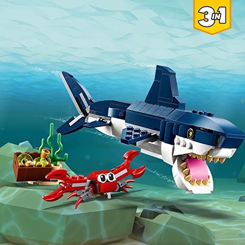 LEGO 31088 Creator 3en1 Criaturas del Fondo Marino: Tiburón, Cangrejo y Calamar o Pez Abisal, Juguete para Niños con Figuras de Animales