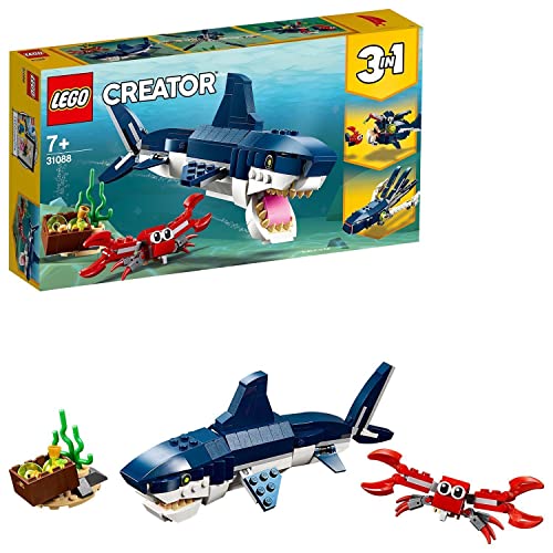 LEGO 31088 Creator 3en1 Criaturas del Fondo Marino: Tiburón, Cangrejo y Calamar o Pez Abisal, Juguete para Niños con Figuras de Animales