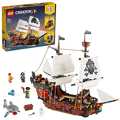 LEGO 31109 Creator 3 en 1 Barco Pirata, Taberna o Isla Calavera, Juguete de Construcción para Niños y Niñas +9 años