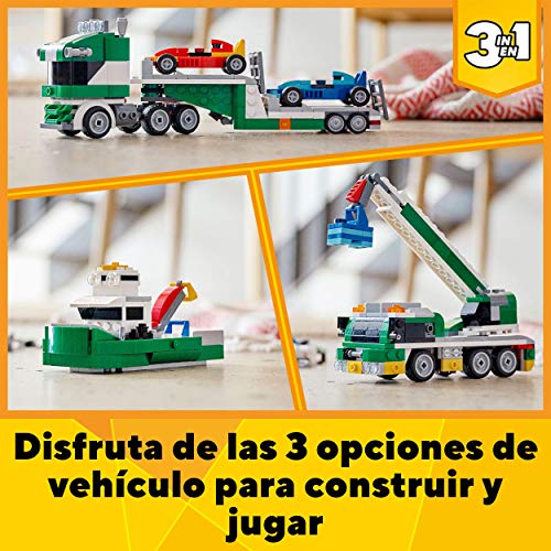 LEGO 31113 Creator 3en1 Transporte de Coches de Carreras, Camión Grúa o Remolcador, Juguete de Construcción para Niños y Niñas