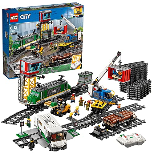 LEGO 60198 City Tren de mercancías, Juguete de Construcción con Motor a Control Remoto Bluetooth con 3 Vagones y Mini Figuras