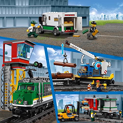 LEGO 60198 City Tren de mercancías, Juguete de Construcción con Motor a Control Remoto Bluetooth con 3 Vagones y Mini Figuras