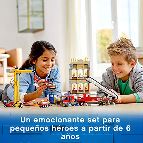 LEGO 60216 City Brigada de Bomberos del Distrito Centro, Camión, Grúa, Moto Helicóptero y 7 Mini Figuras, Juguetes para Niños